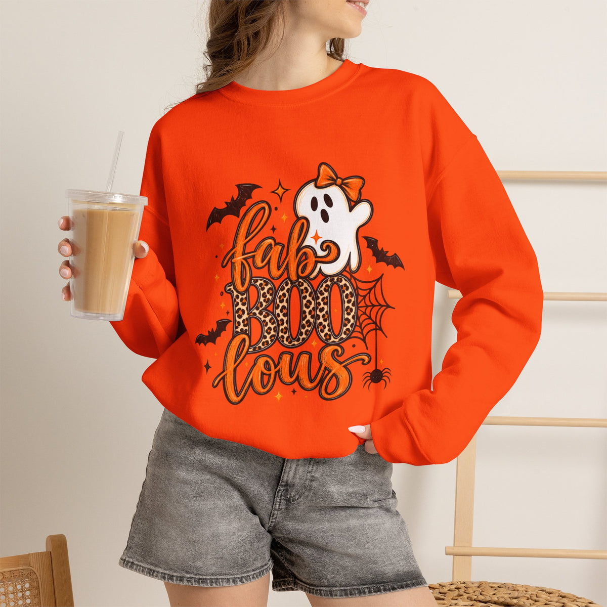 FabBOOlous Halloween Sweatshirt — Cute Ghost, Bats & Spiderweb Fall Crewneck