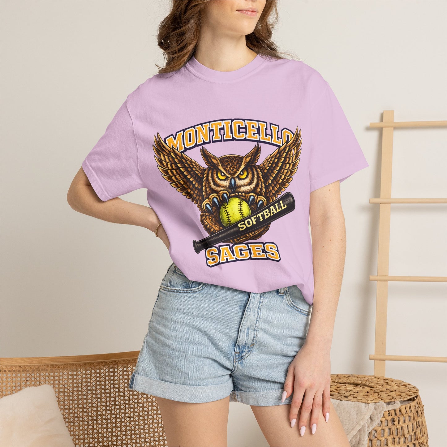 Monticello Sages Softball T-Shirt — Vintage Owl & Wings Team Tee