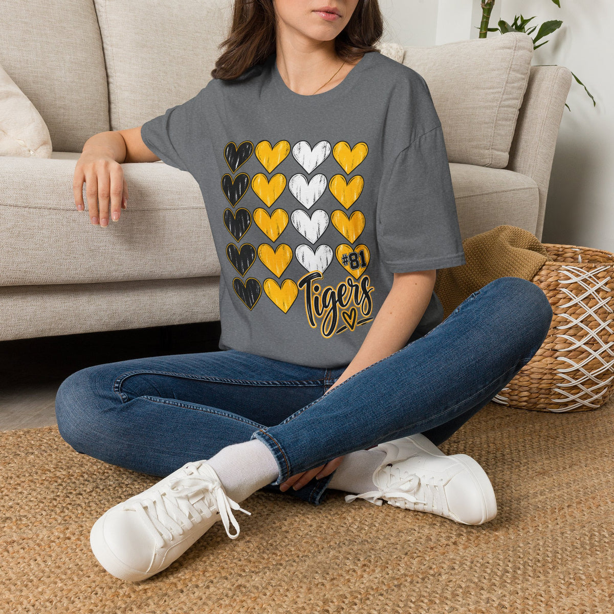 T-Shirt — Yellow & Black Heart Grid "Tigers" School Spirit Tee