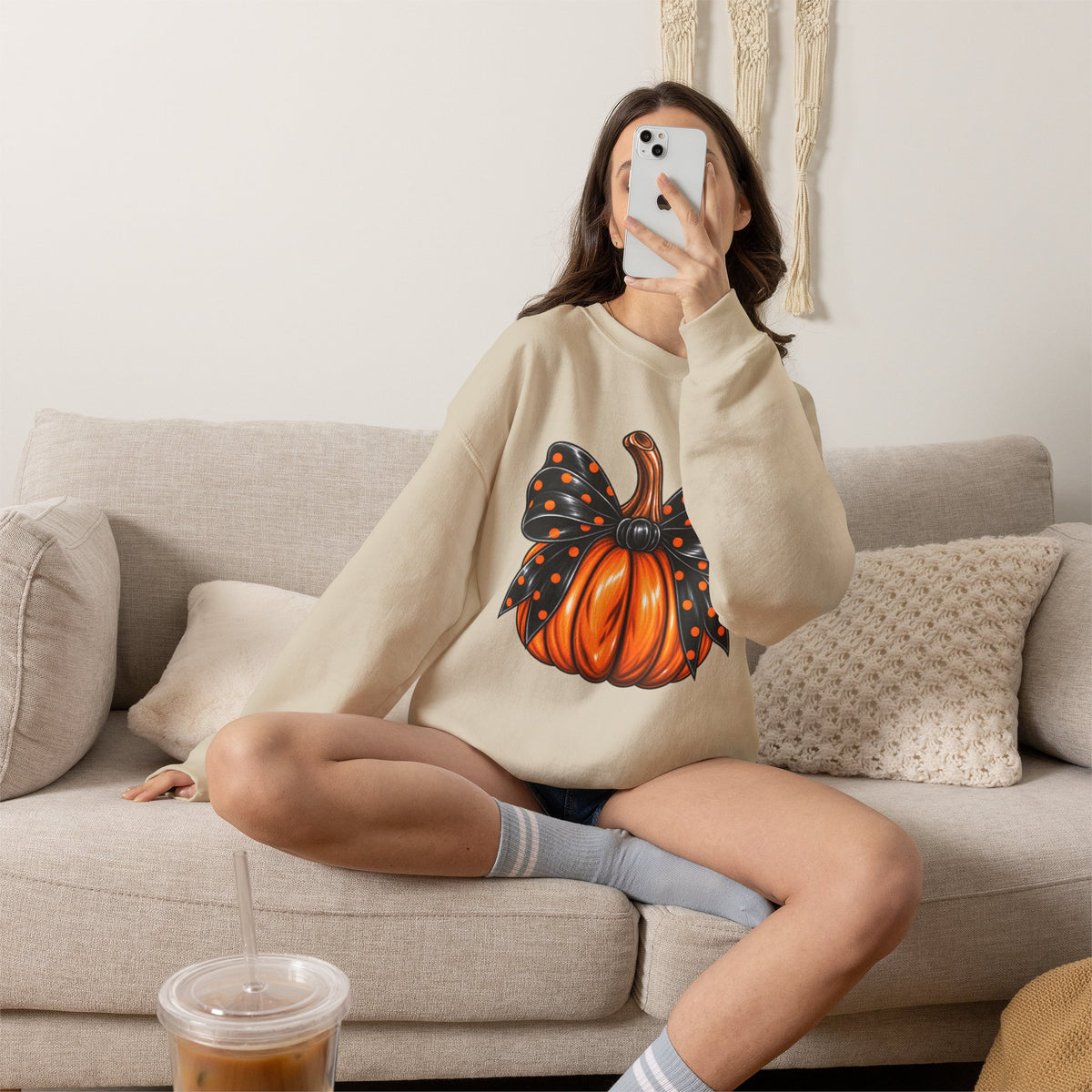 Pumpkin Bow Crewneck Sweatshirt — Cute Halloween Pumpkin Graphic