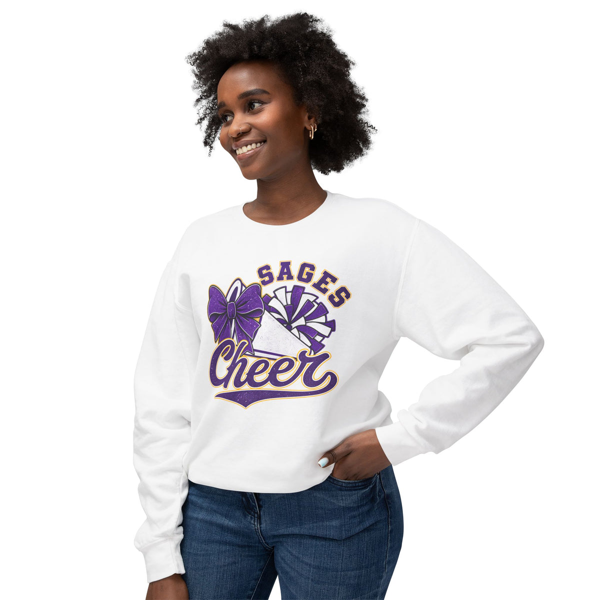 Sages Cheer Crewneck Sweatshirt — Purple Pom-Pom & Bow Cheerleader Pullover