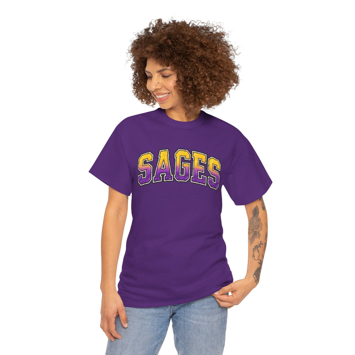 Sages Graphic T-Shirt — Collegiate Purple & Gold Lettering Tee