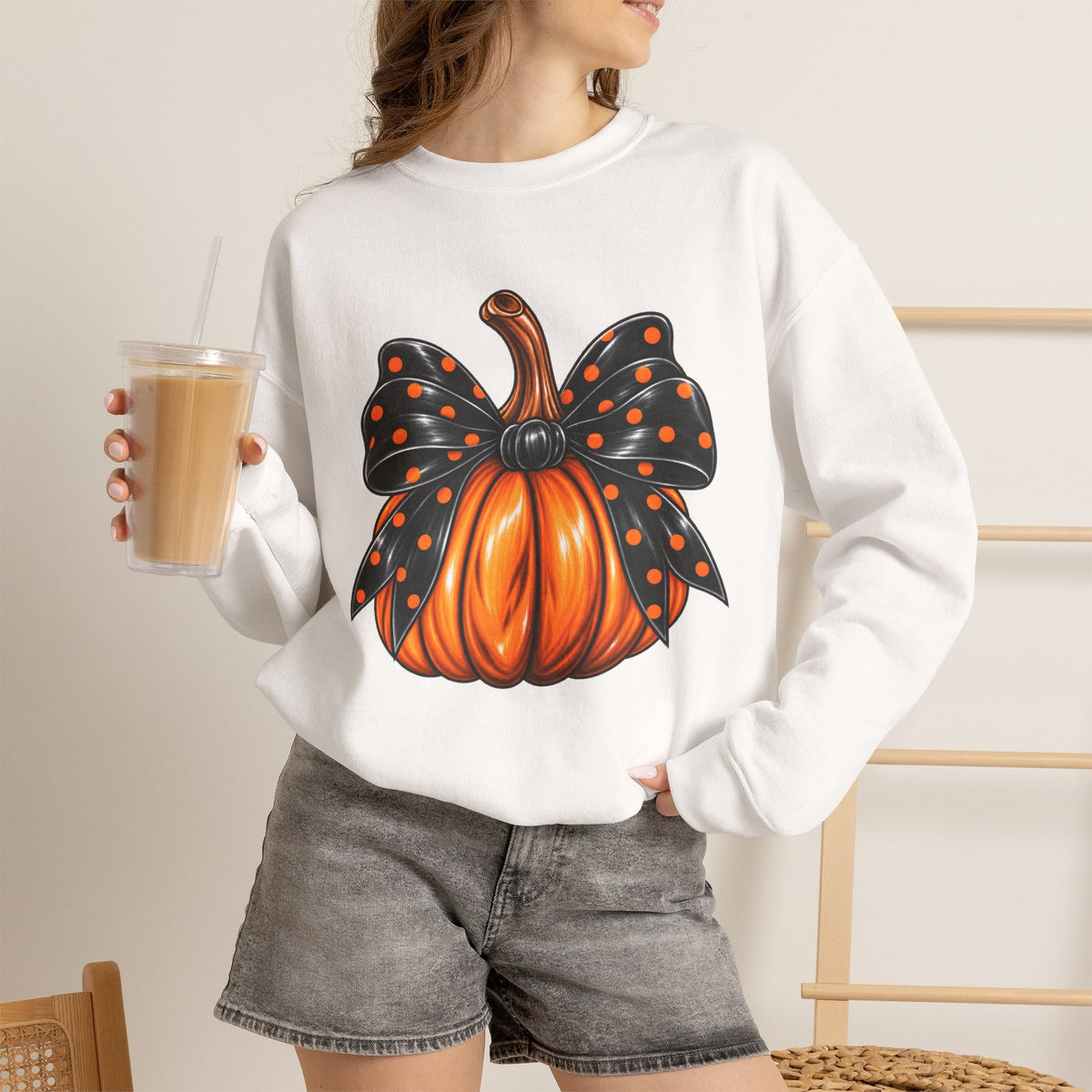 Pumpkin Bow Crewneck Sweatshirt — Cute Halloween Pumpkin Graphic