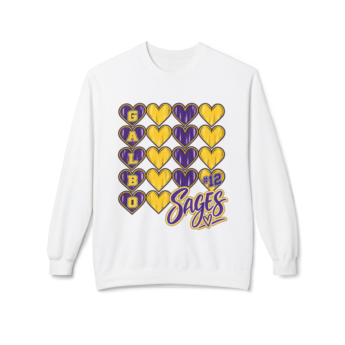 12 Galbo Sages Crewneck Sweatshirt – Gold & Purple Heart Grid Design