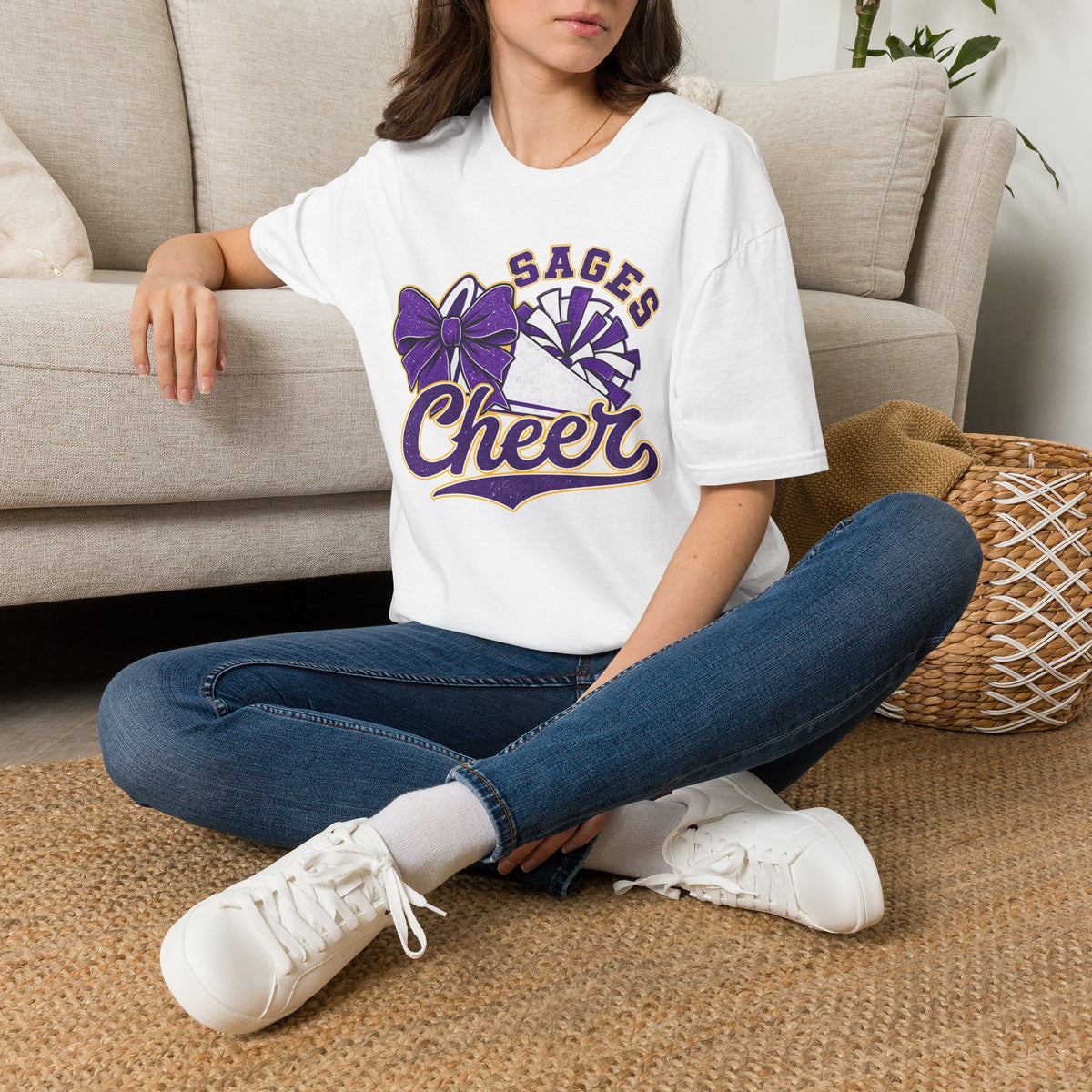 Sages Cheer T‑Shirt — Purple Bow & Pom Design