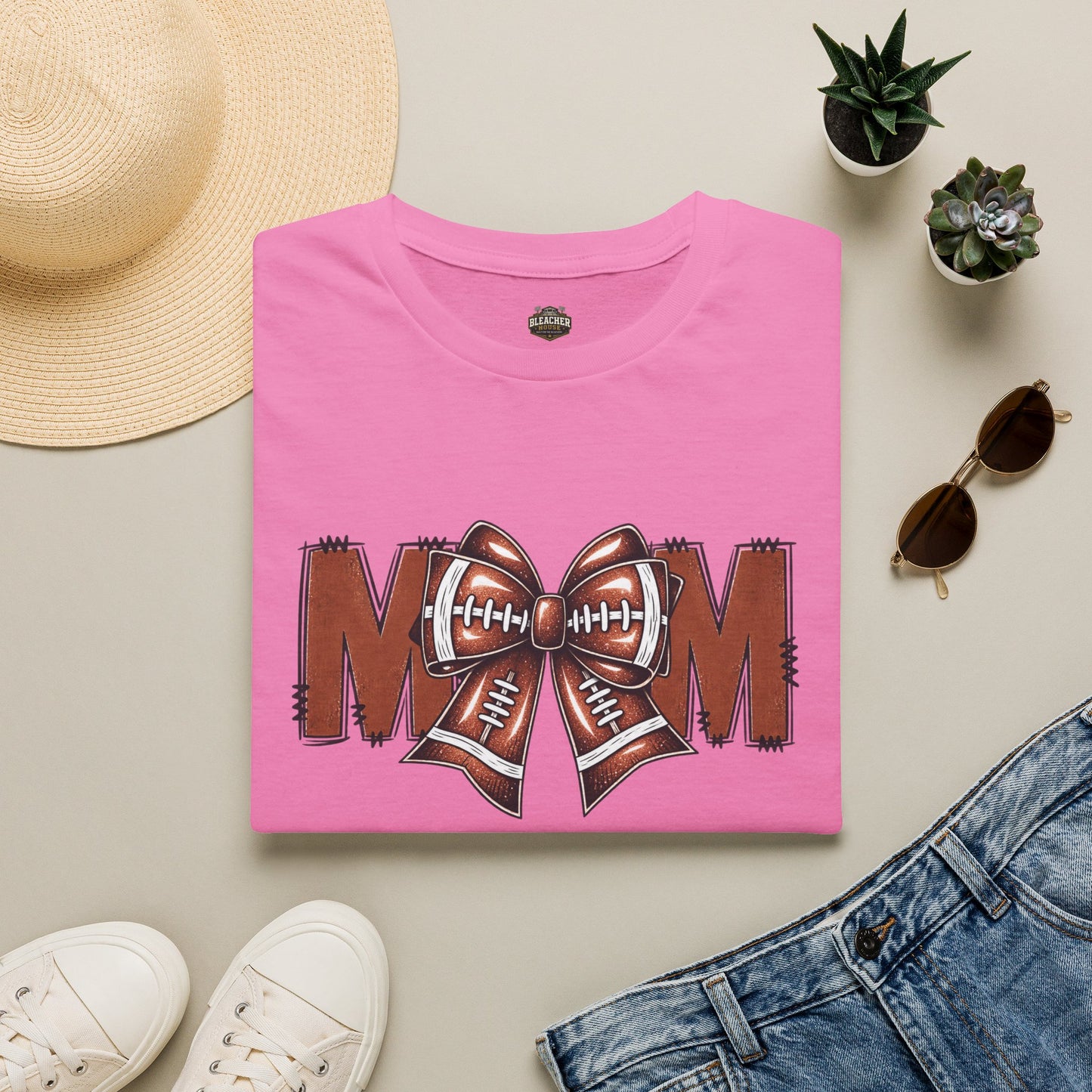 Football Mom T-Shirt — 'MOM' with Football Bow Graphic