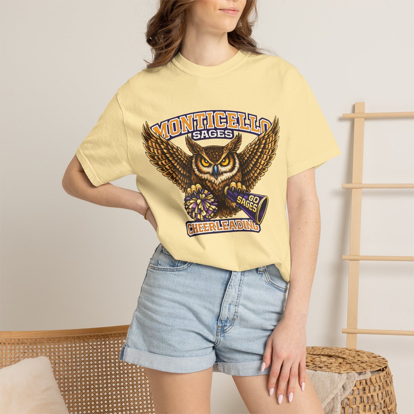 Monticello Sages Cheerleading T-shirt - Vintage Owl & Wings Team Tee