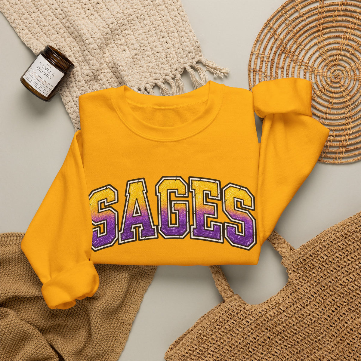Sages Varsity Crewneck Sweatshirt — Retro Purple & Gold Collegiate Pullover