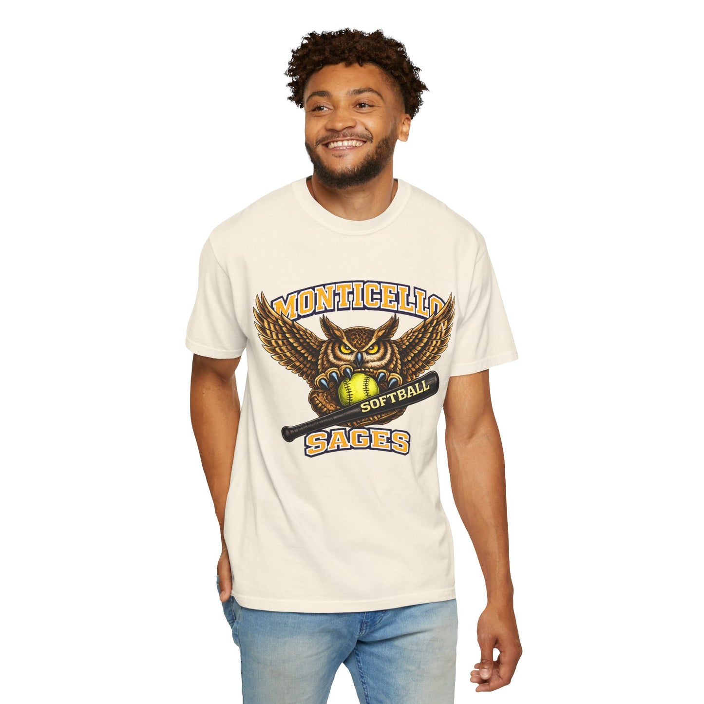 Monticello Sages Softball T-Shirt — Vintage Owl & Wings Team Tee