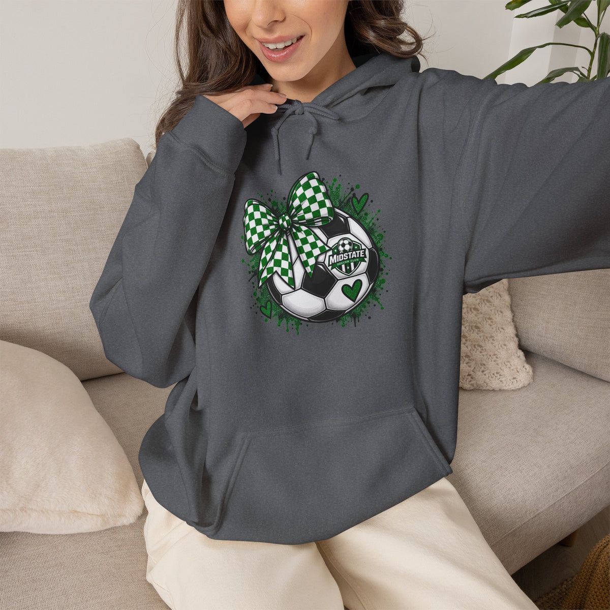 Midstate Soccer Hoodie — Green Plaid Bow Kitty Design