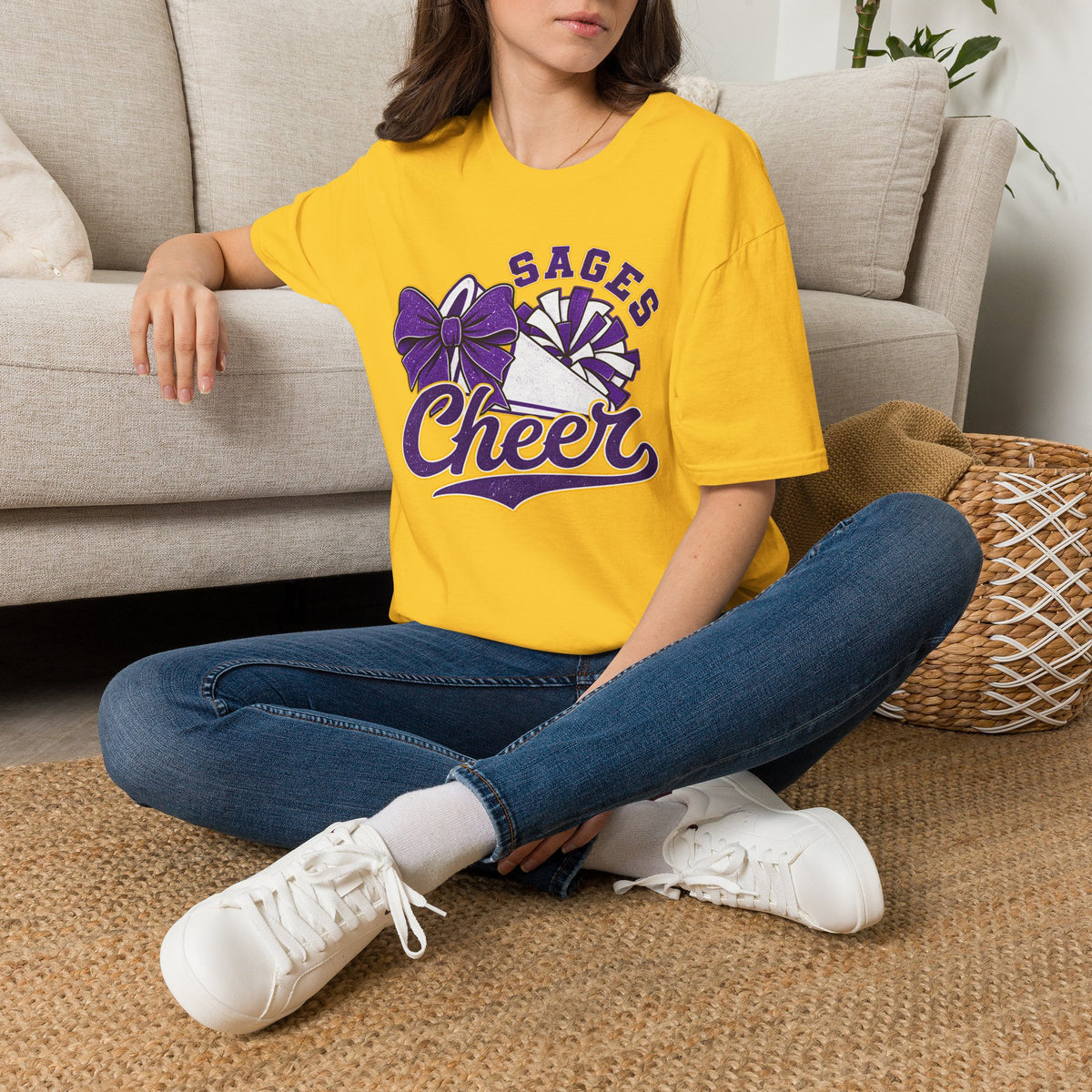 Sages Cheer T‑Shirt — Purple Bow & Pom Design