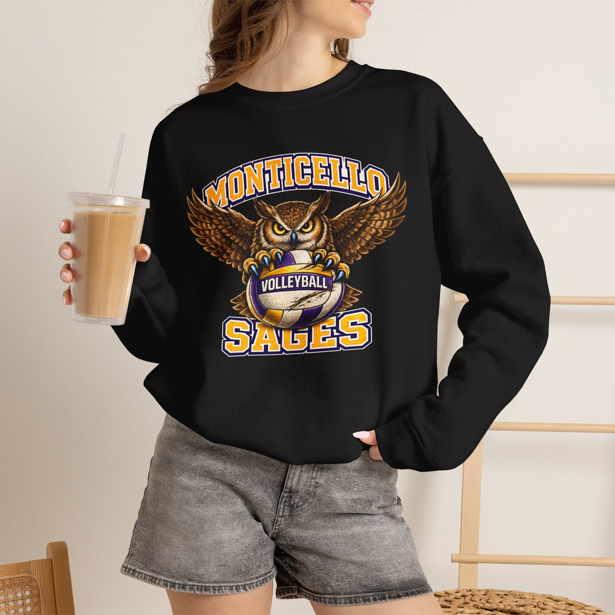Monticello Sages Volleyball Crewneck Sweatshirt - Owl Wingspread Logo