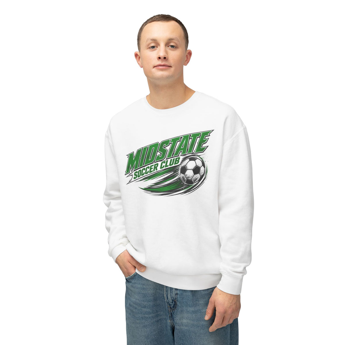 MidState Soccer Club Crewneck Sweatshirt — Vintage Green Soccer Ball Design