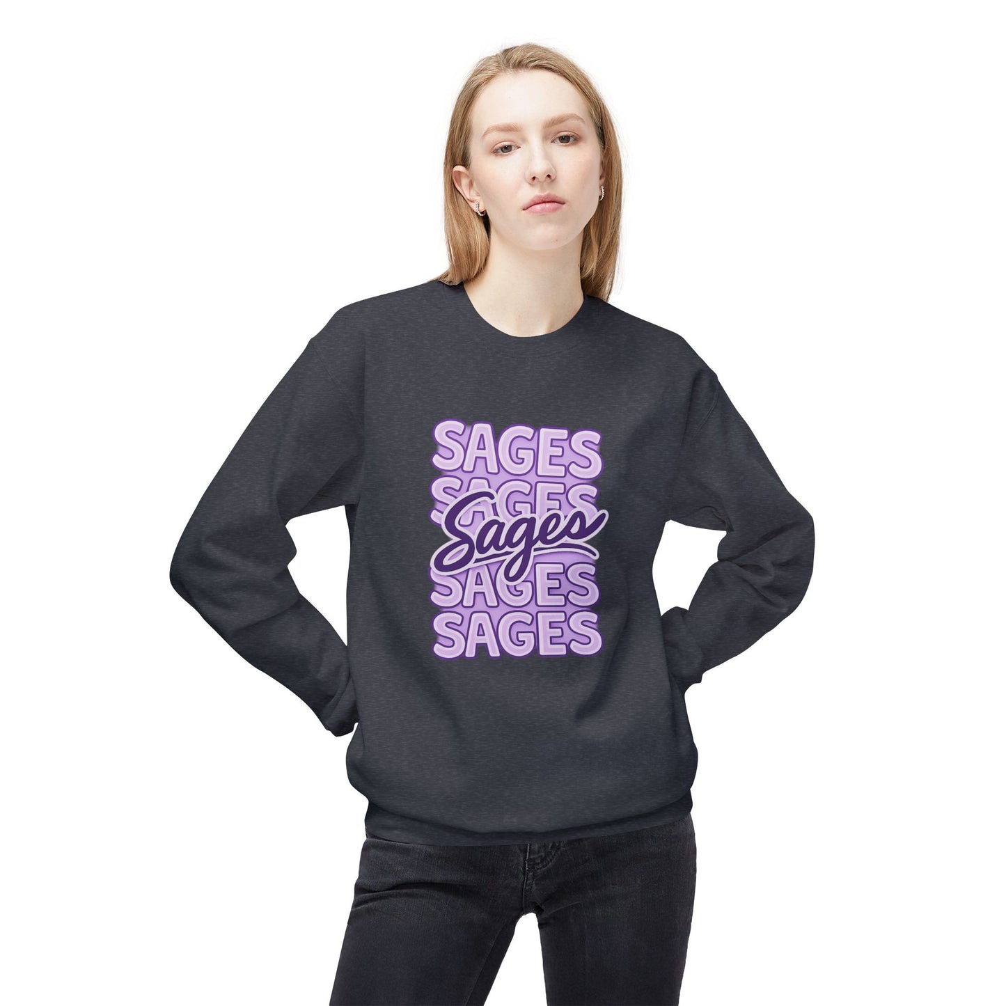 Sages Retro Script Crewneck Sweatshirt — Lavender Stacked 'SAGES' Graphic