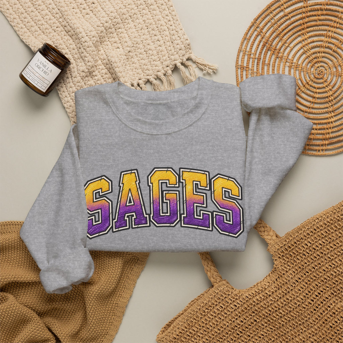 Sages Varsity Crewneck Sweatshirt — Retro Purple & Gold Collegiate Pullover