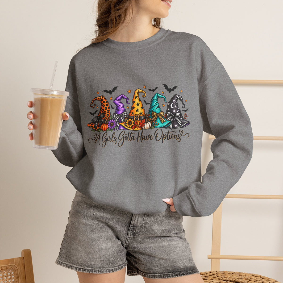 Witch Hat Crewneck Sweatshirt - "A Girls Gotta Have Options" Halloween Pullover
