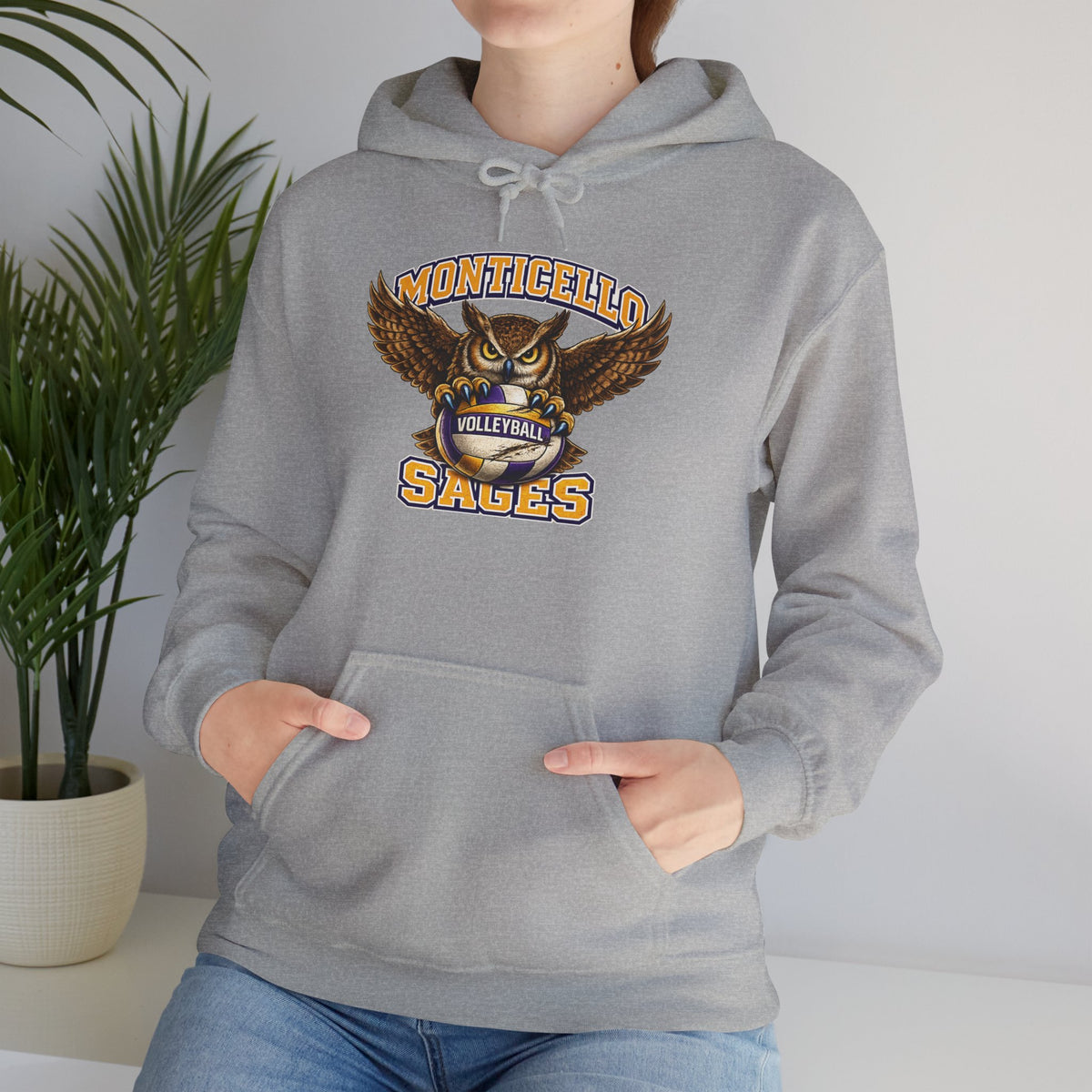Monticello Sages Volleyball Hoodie — Wingspread Owl Mascot School Sweatshirt