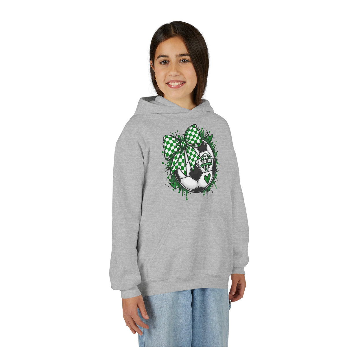 Youth Midstate Hoodie — St. Patrick's Soccer Shamrock Bow Graphic