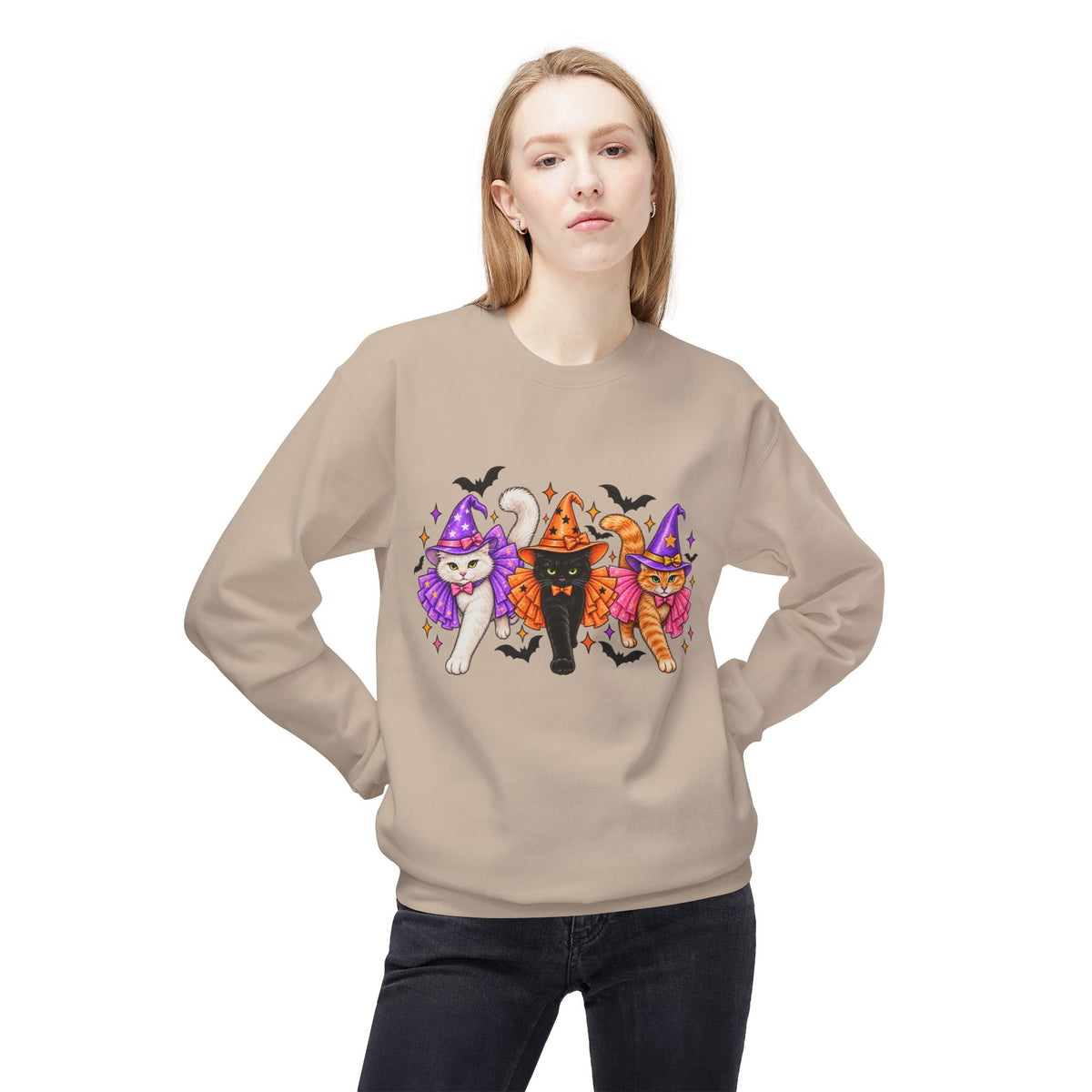 Halloween Cats Crewneck Sweatshirt — Cute Witch Cat Trio Graphic
