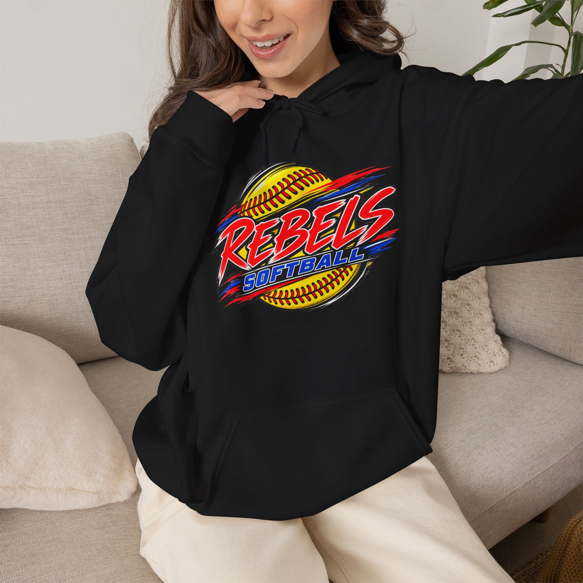 Rebels Softball Hoodie — Retro Yellow Softball Graphic