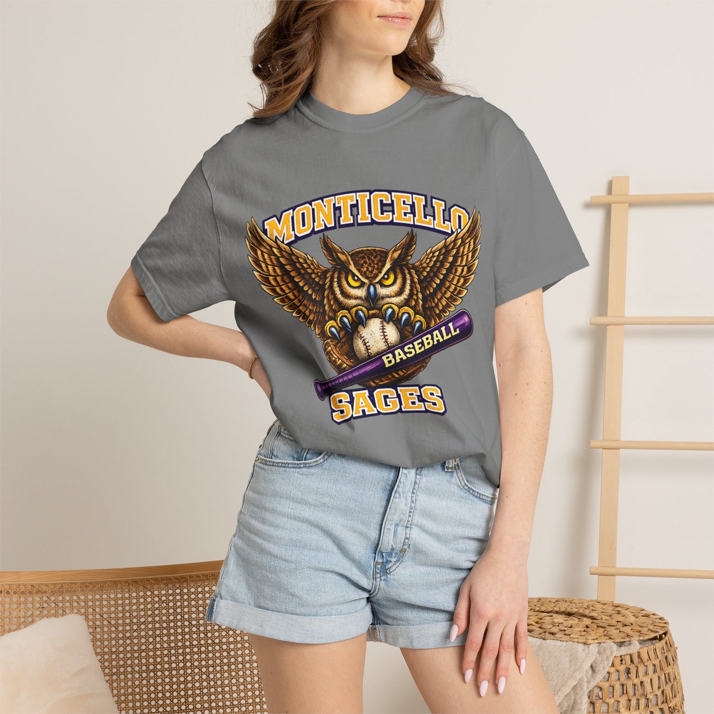 Monticello Sages Baseball T-Shirt — Vintage Owl & Wings Team Tee