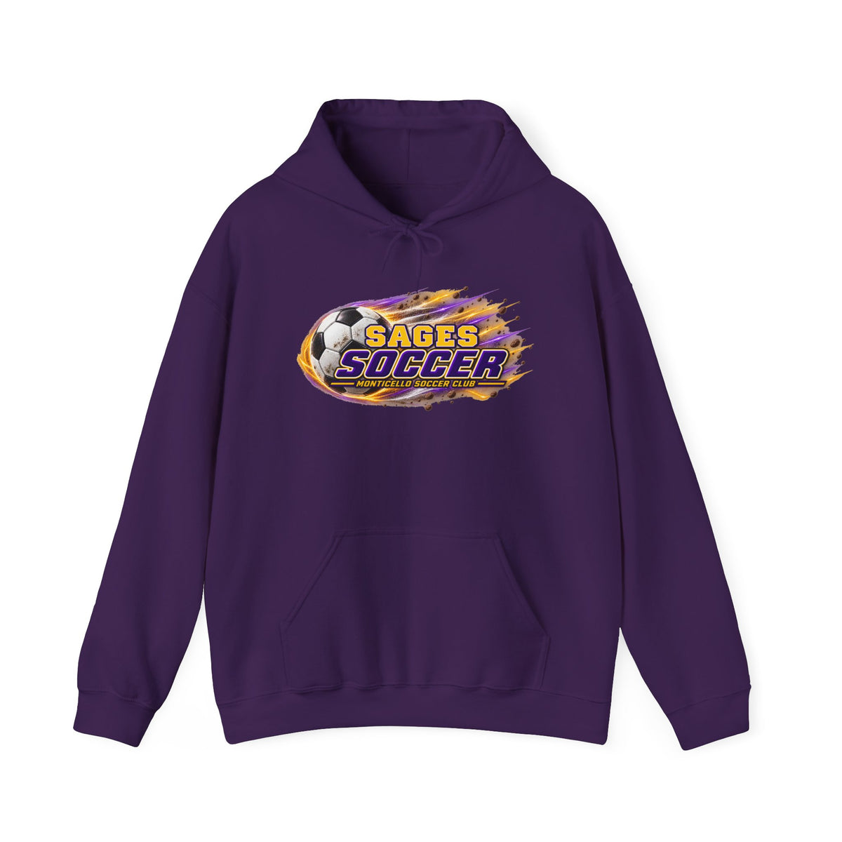 Sages Soccer Hoodie — Purple & Gold Flame Graphic Sweatshirt with Hood