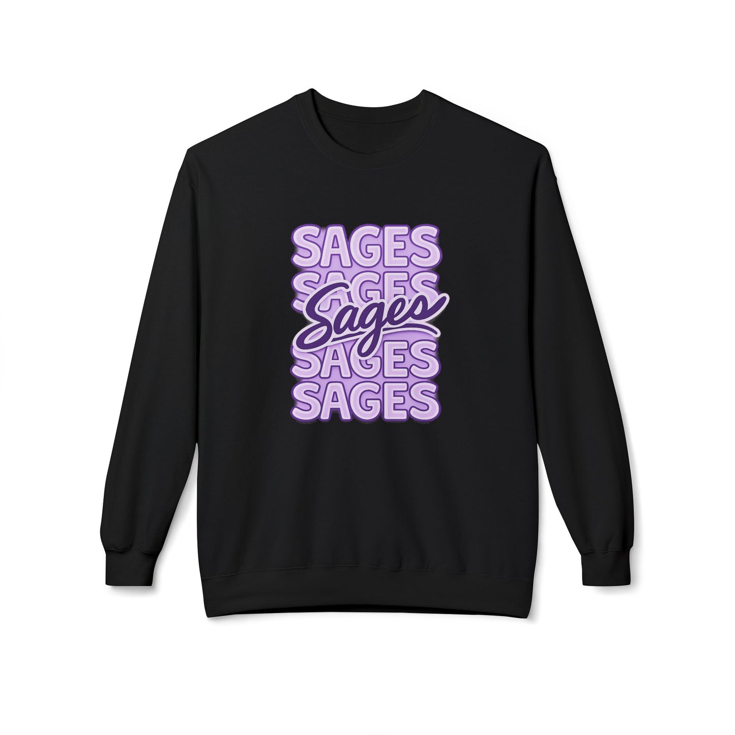 Sages Retro Script Crewneck Sweatshirt — Lavender Stacked 'SAGES' Graphic