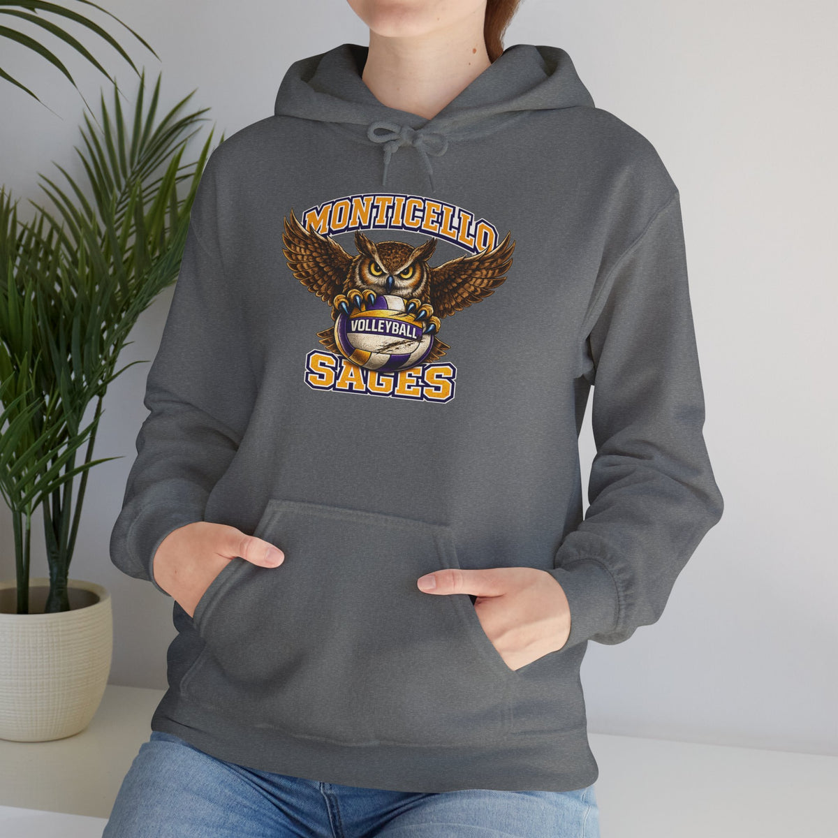 Monticello Sages Volleyball Hoodie — Wingspread Owl Mascot School Sweatshirt