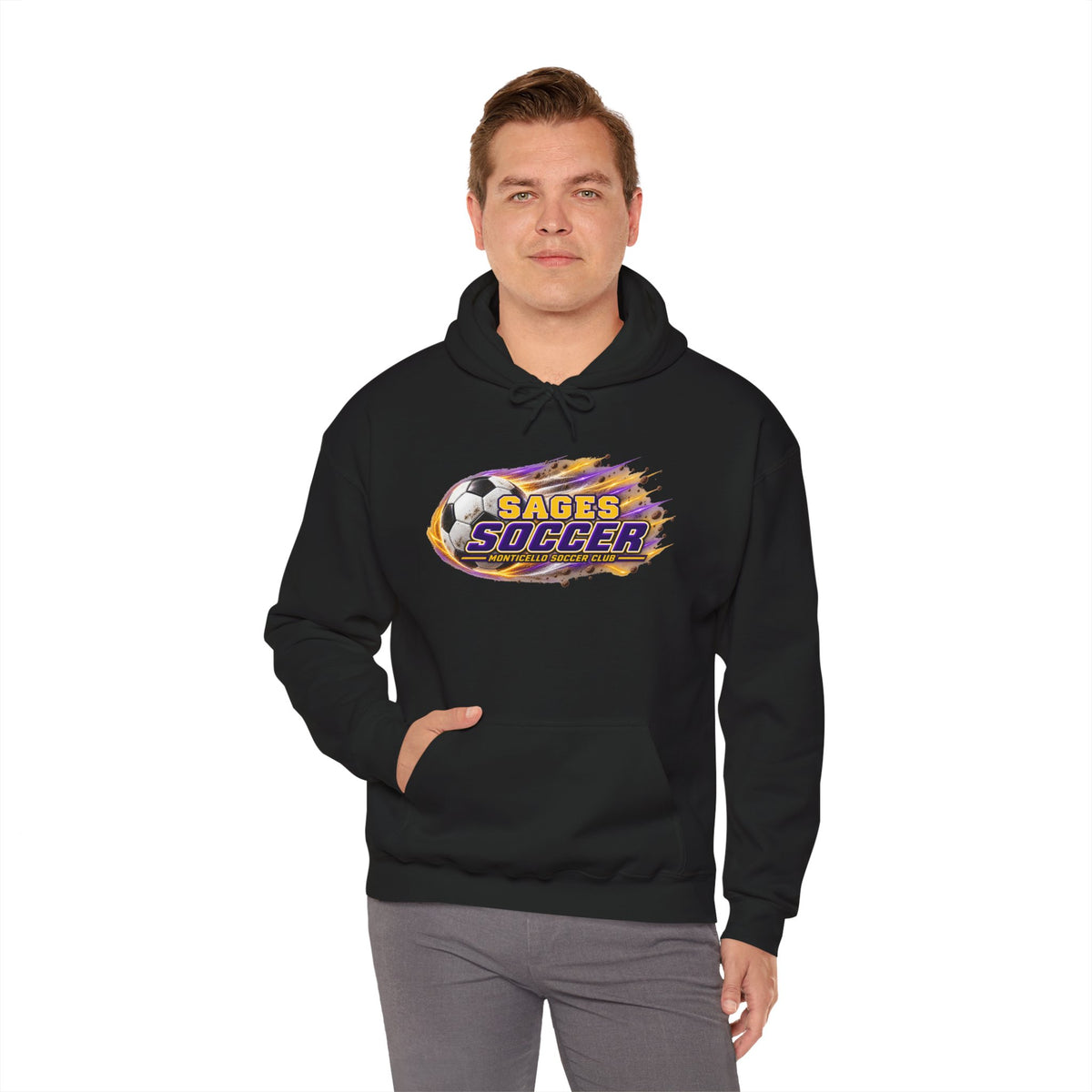 Sages Soccer Hoodie — Purple & Gold Flame Graphic Sweatshirt with Hood