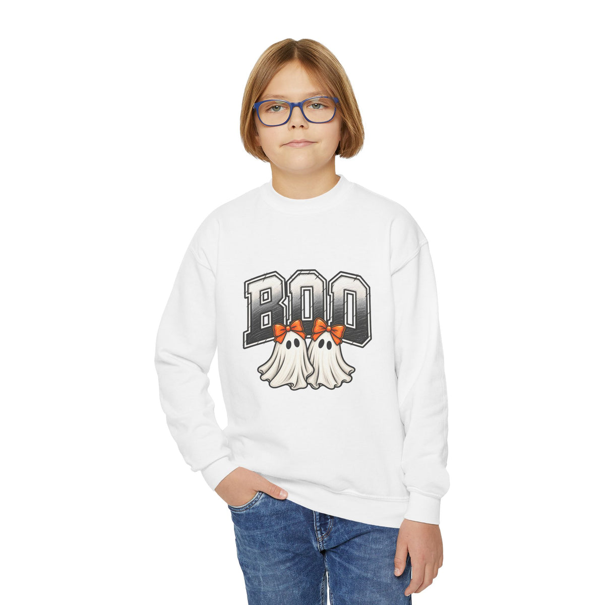 Youth Crewneck Sweatshirt — 'BOO' Ghost Trio Halloween Pullover