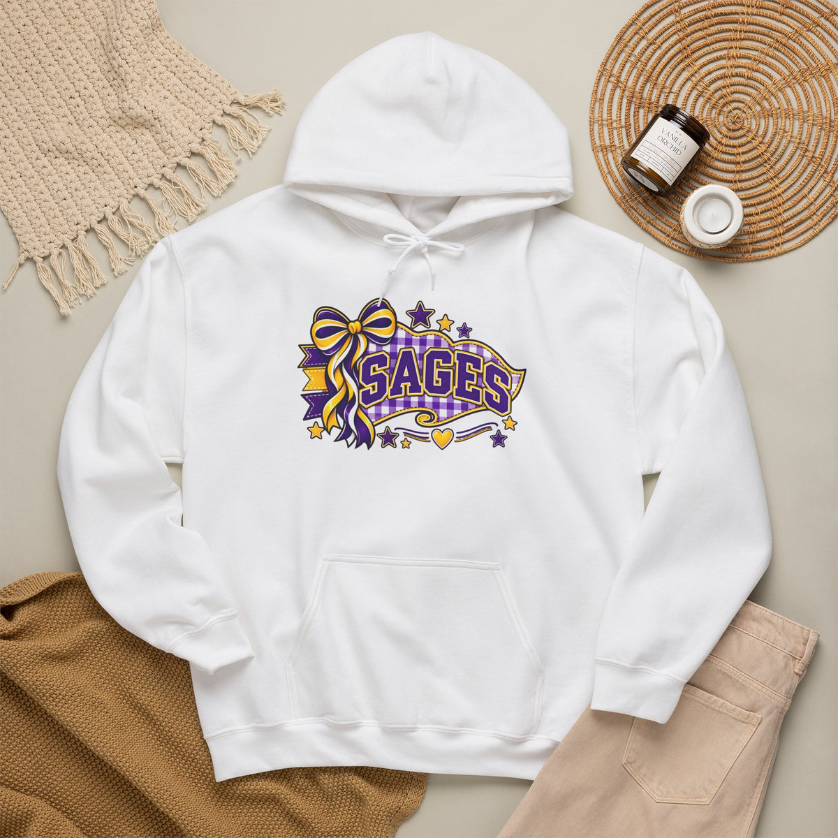 Sages Ribbon Logo Hoodie — Purple & Gold Cheer School Spirit Sweatshirt