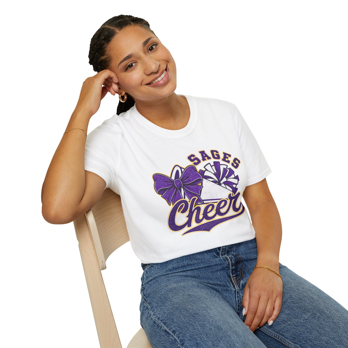 Sages Cheer T‑Shirt — Purple Bow & Pom Design