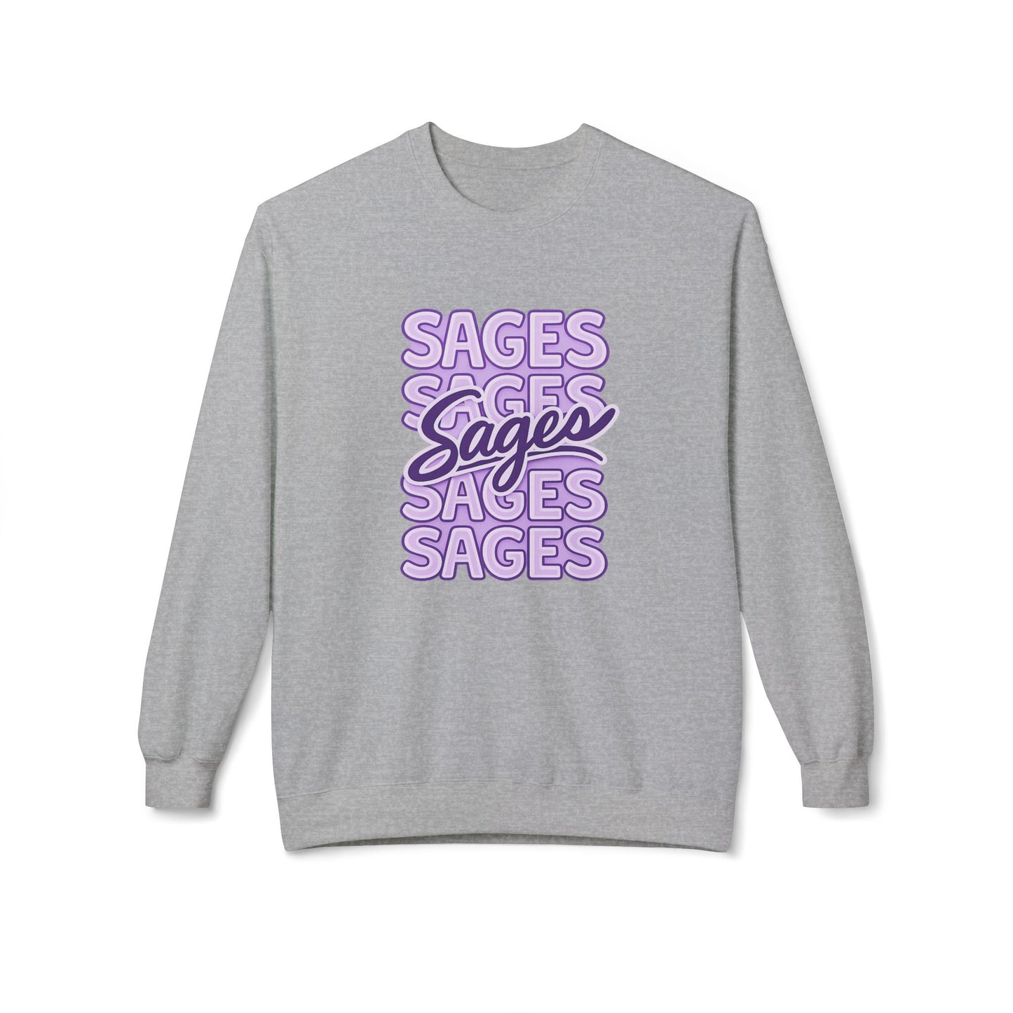 Sages Retro Script Crewneck Sweatshirt — Lavender Stacked 'SAGES' Graphic