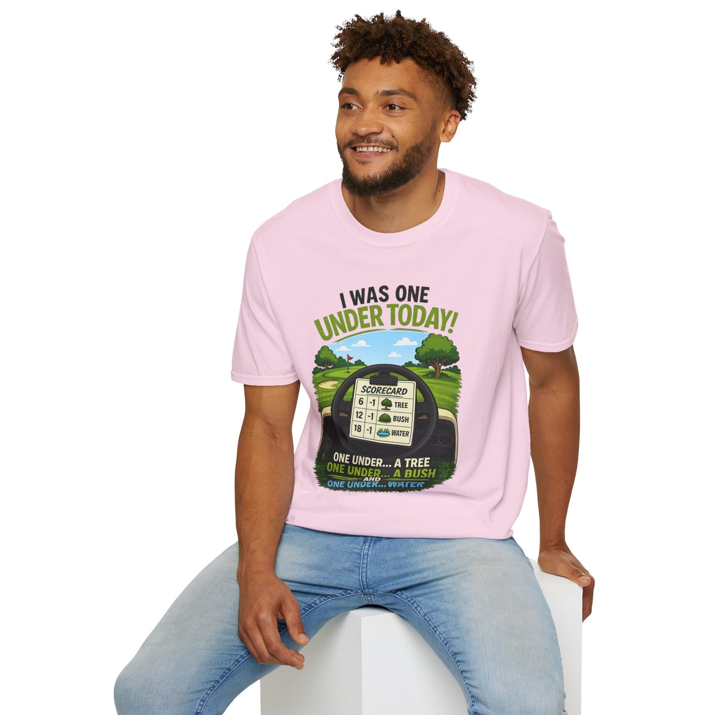 Golf T-Shirt — "I Was One Under Today!" ANIMATED VERSION - Scorecard Golf Humor Shirt