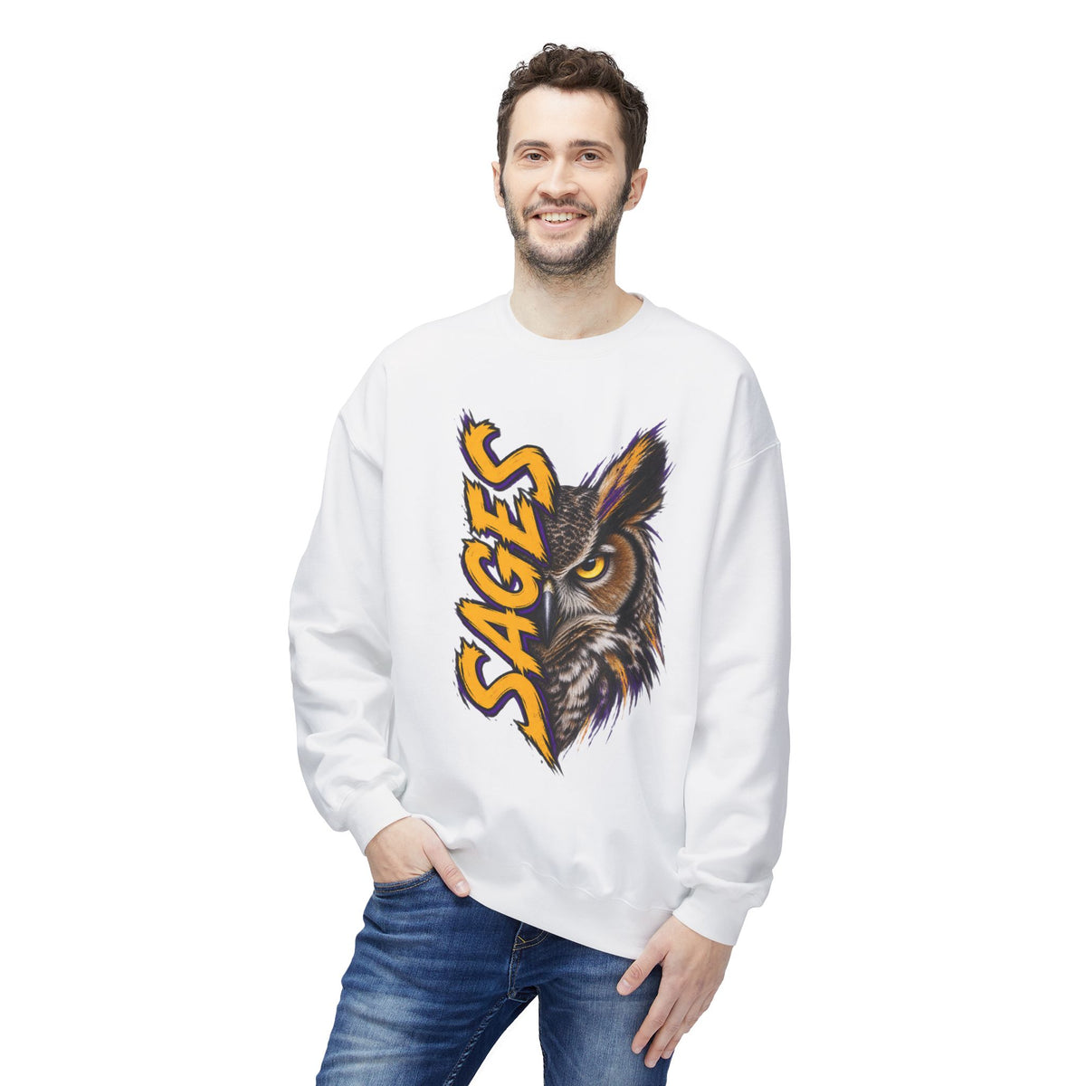 Sages Owl Crewneck Sweatshirt — Bold Vertical Mascot Design