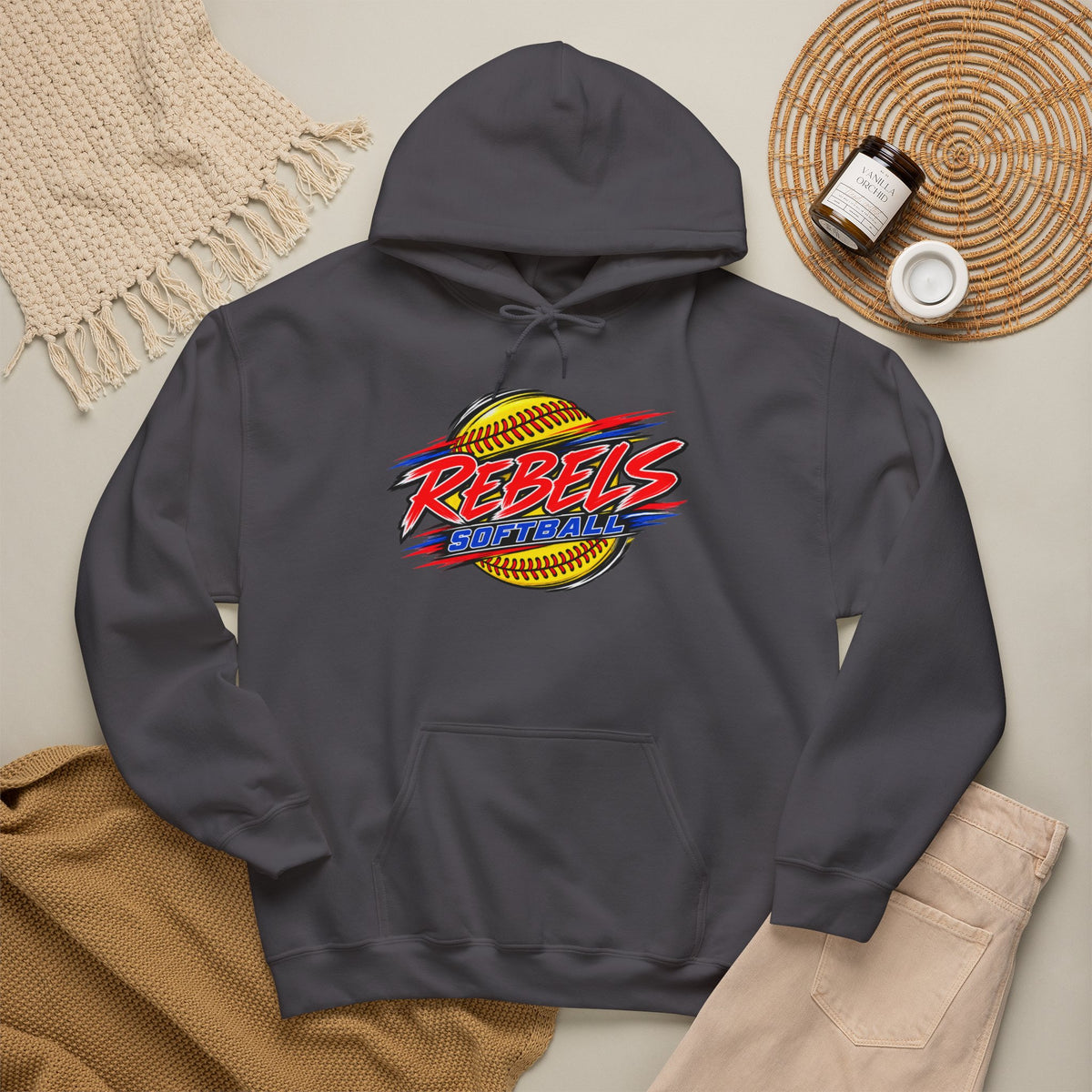Rebels Softball Hoodie — Retro Yellow Softball Graphic