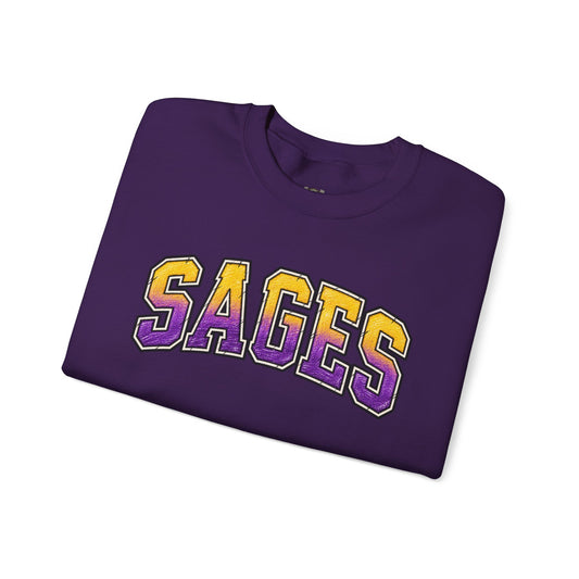 Sages Varsity Crewneck Sweatshirt — Retro Purple & Gold Collegiate Pullover