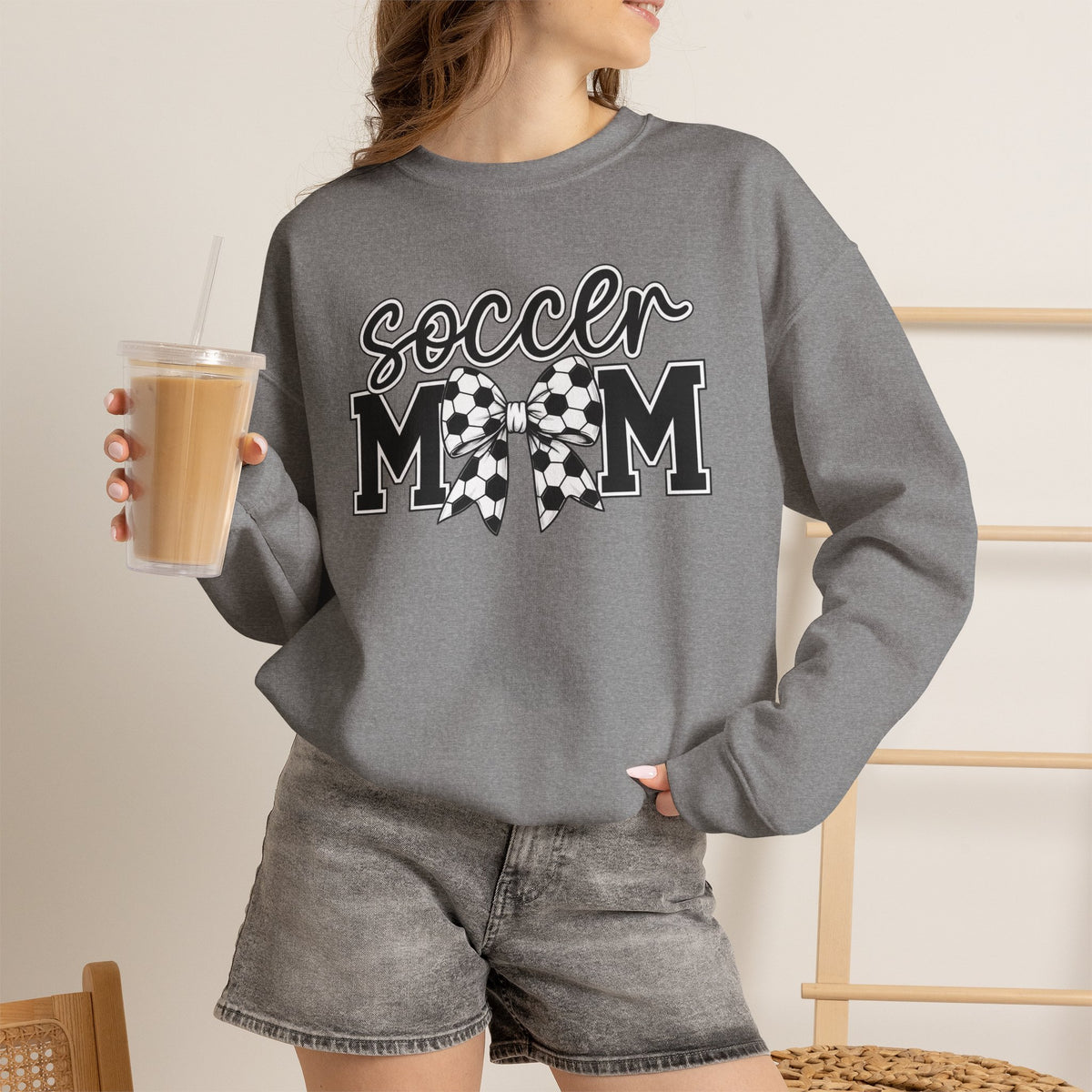Soccer Mom Crewneck Sweatshirt — Cheer Mom Graphic Pullover with Soccer Bow