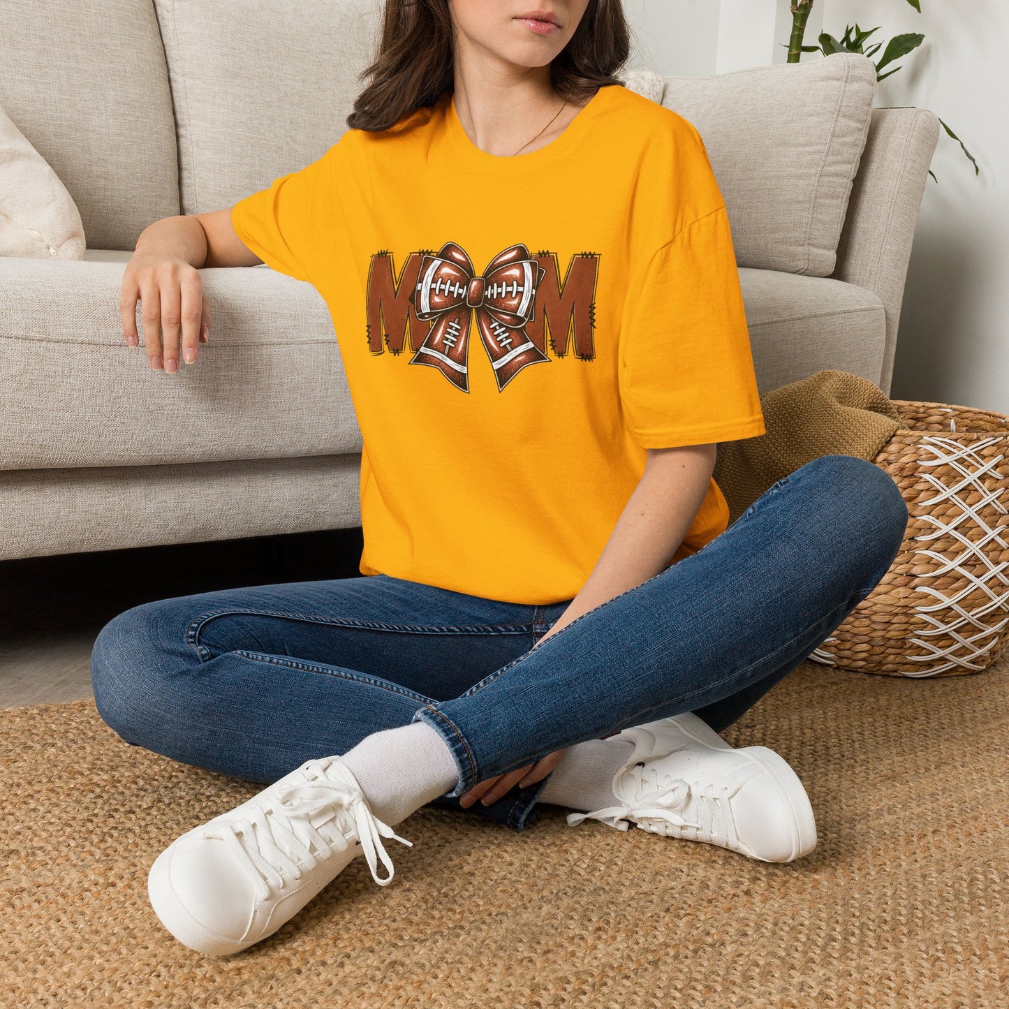 Football Mom T-Shirt — 'MOM' with Football Bow Graphic