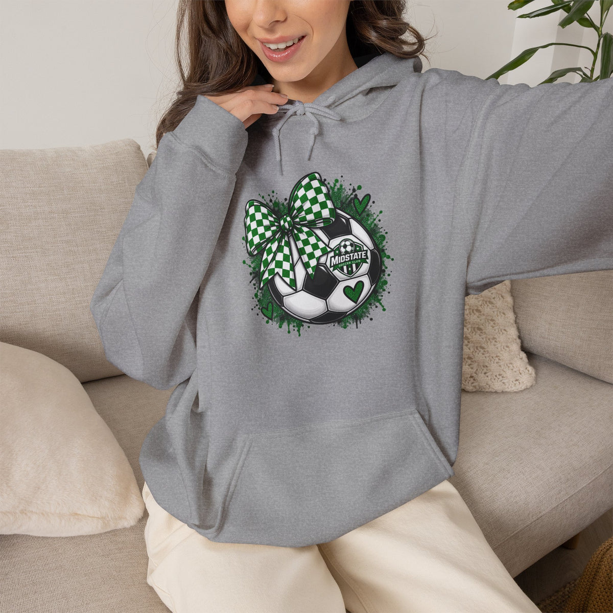 Midstate Soccer Hoodie — Green Plaid Bow Kitty Design