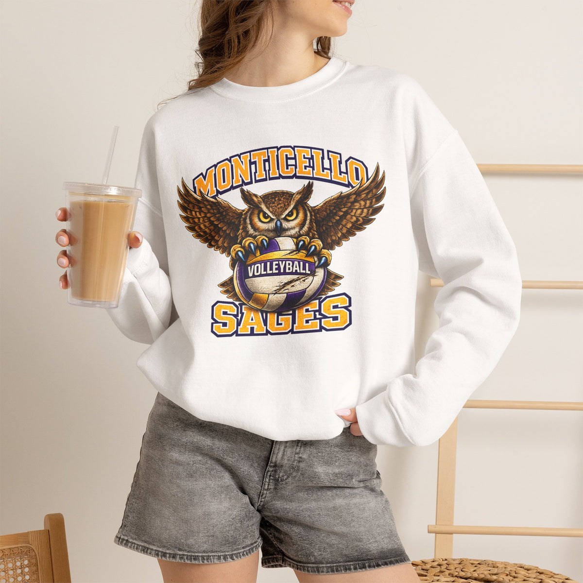 Monticello Sages Volleyball Crewneck Sweatshirt - Owl Wingspread Logo