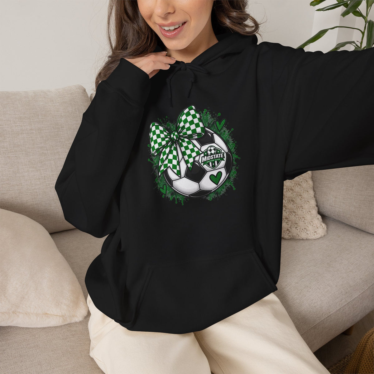 Midstate Soccer Hoodie — Green Plaid Bow Kitty Design