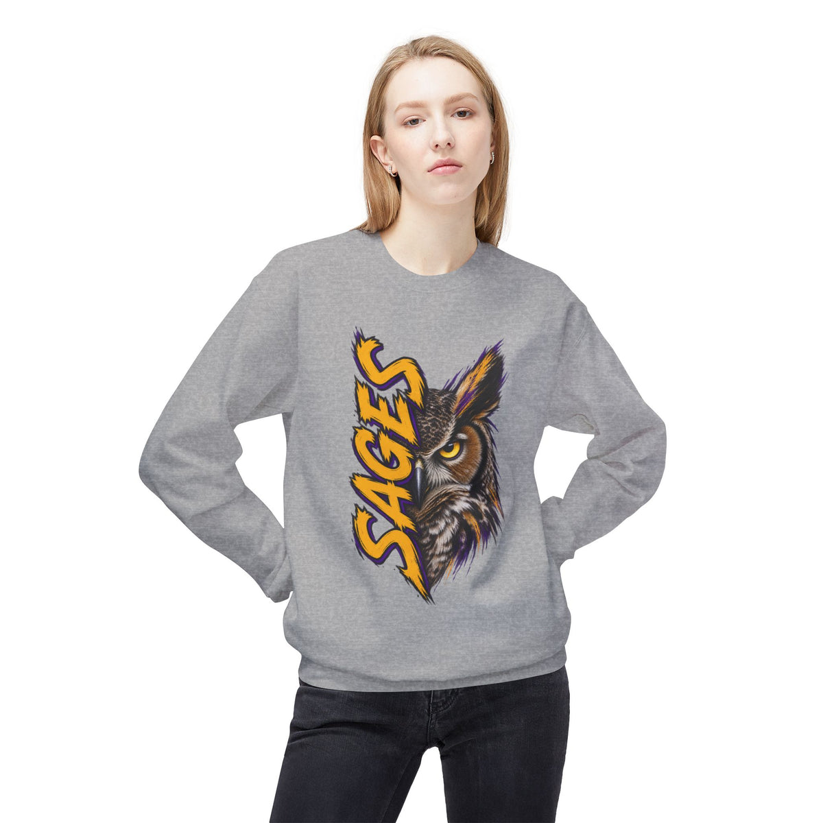 Sages Owl Crewneck Sweatshirt — Bold Vertical Mascot Design
