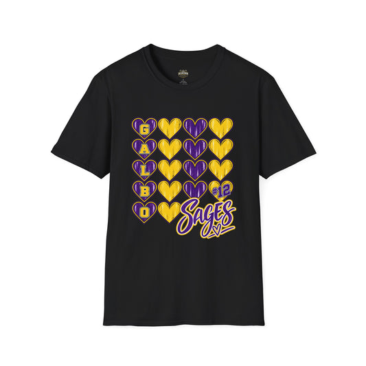 Galbo 12 Sages Crew T-Shirt — Purple & Gold Heart Grid School Spirit Tee