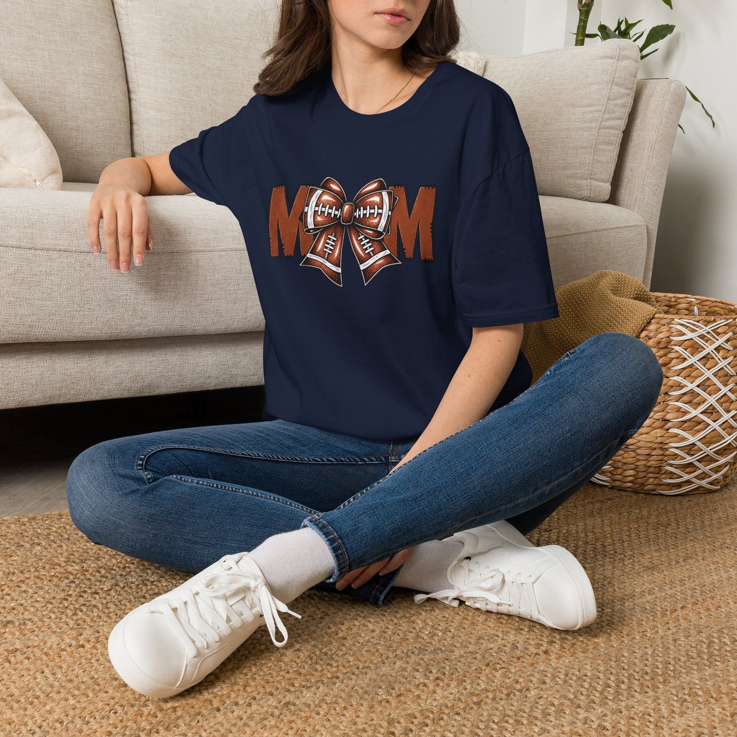 Football Mom T-Shirt — 'MOM' with Football Bow Graphic