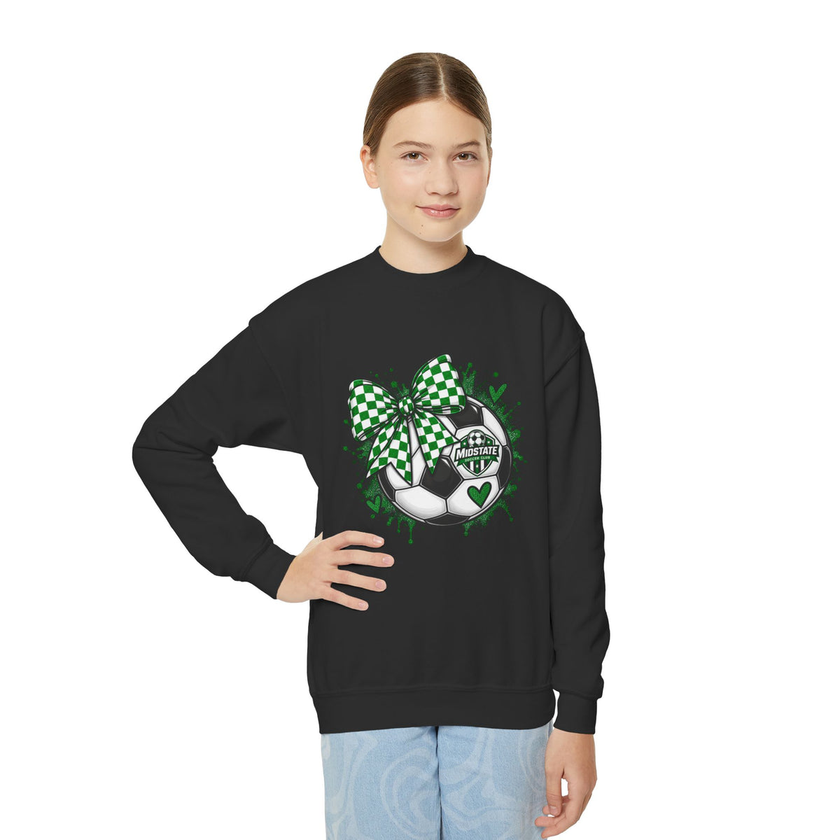 YOUTH Midstate Soccer Crest Crewneck — Green Bow Soccer Ball Sweatshirt