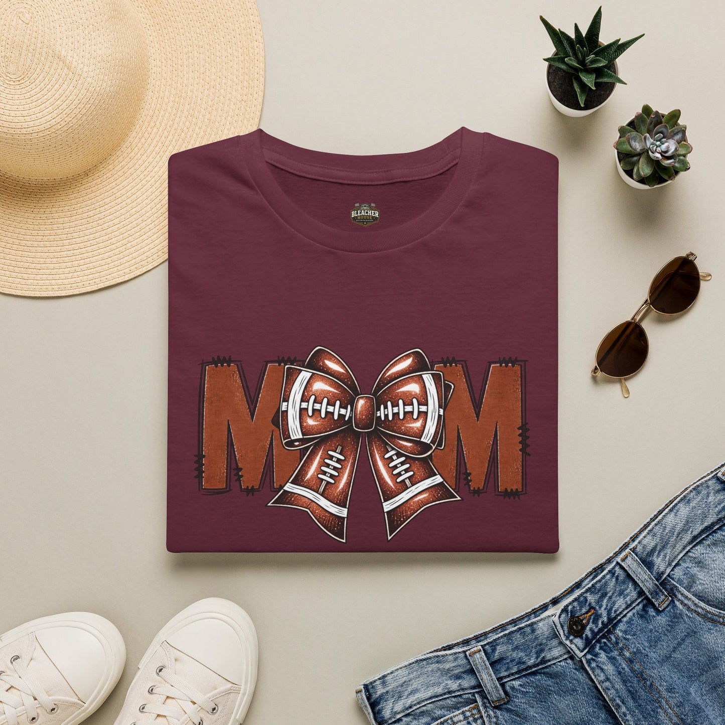 Football Mom T-Shirt — 'MOM' with Football Bow Graphic