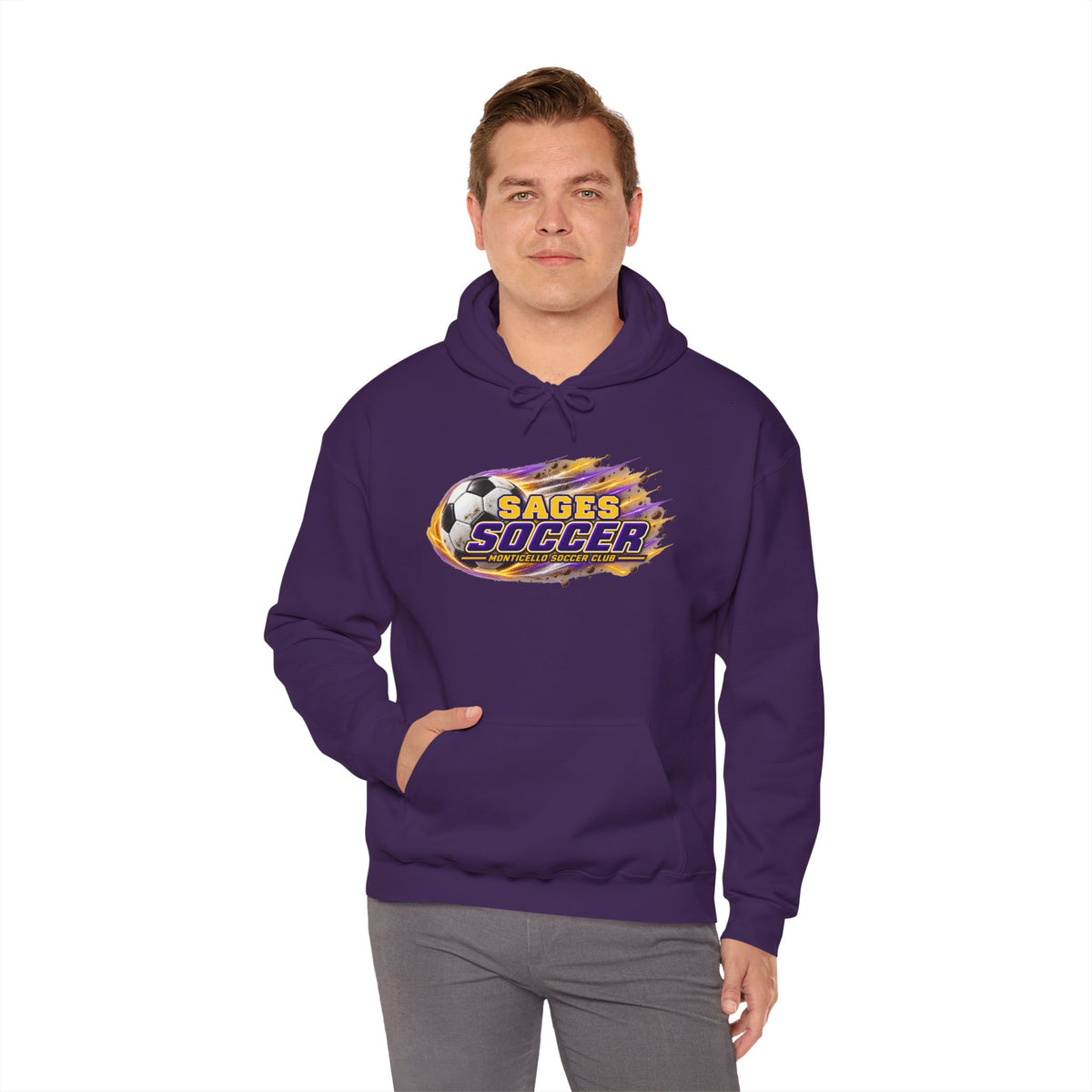 Sages Soccer Hoodie — Purple & Gold Flame Graphic Sweatshirt with Hood