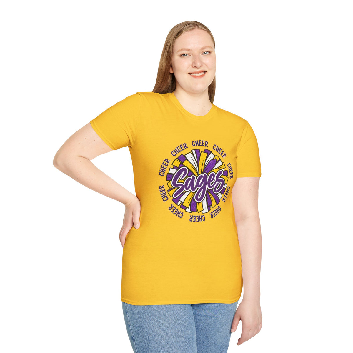Sages Cheer T-Shirt — Purple & Gold Pom Design