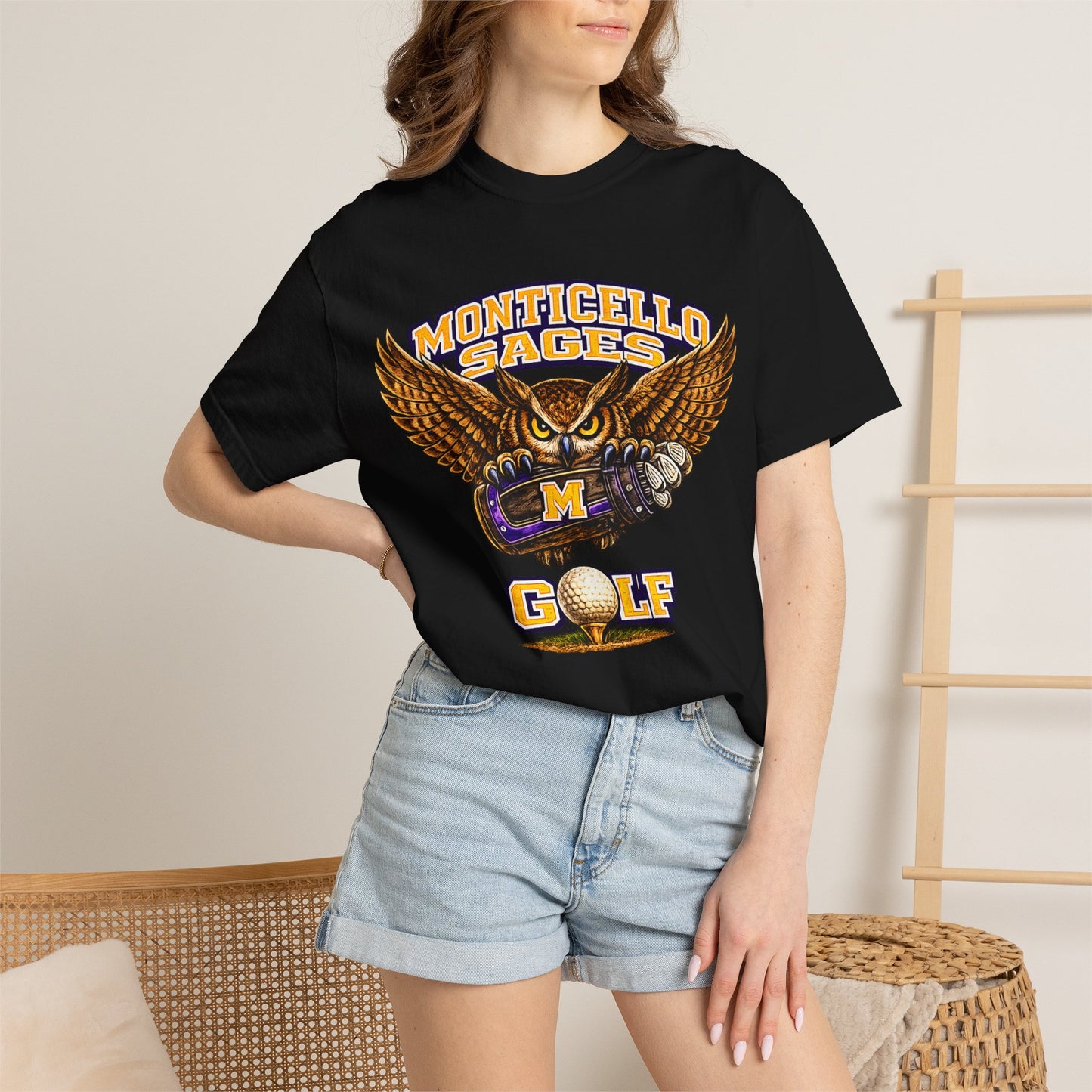 Monticello Sages Golf T-Shirt — Vintage Owl & Wings Team Tee
